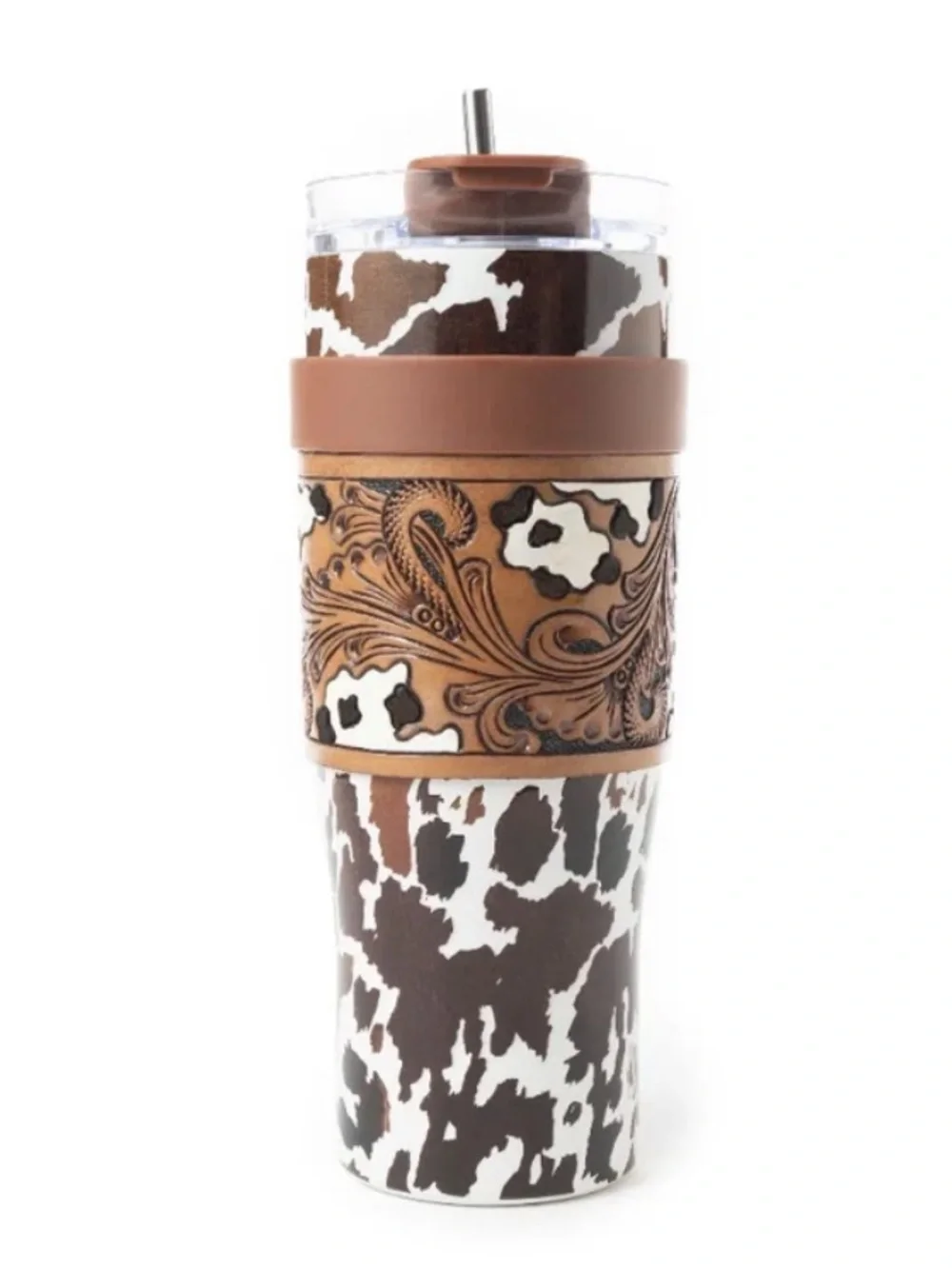 Brown Cowhide Pattern Insulated Travel Mug with Leather Wrap